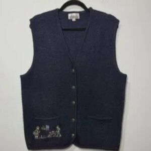 Navy Button-Up Wool Vest with Embroidered Detail